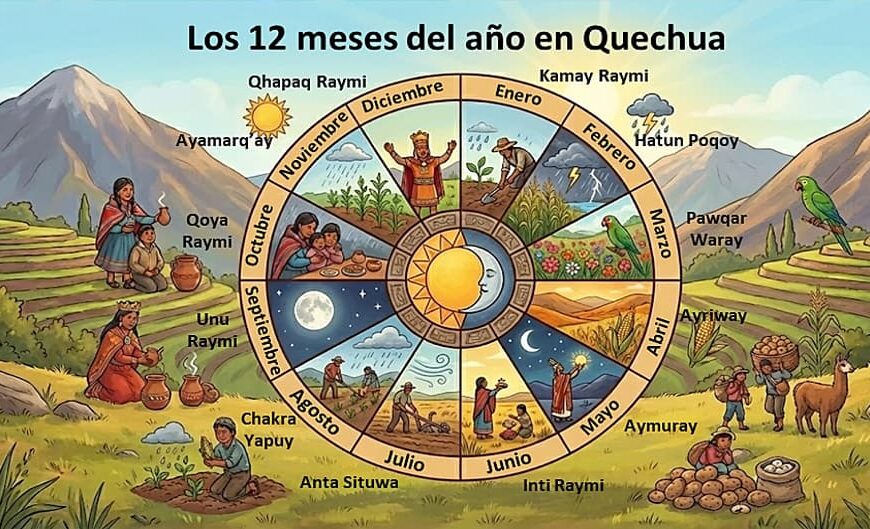 Ilustración circular del calendario agrícola andino mostrando las actividades de los 12 meses del año en quechua, con el sol y la luna en el centro, sobre un paisaje de montañas y terrazas de cultivo incas.