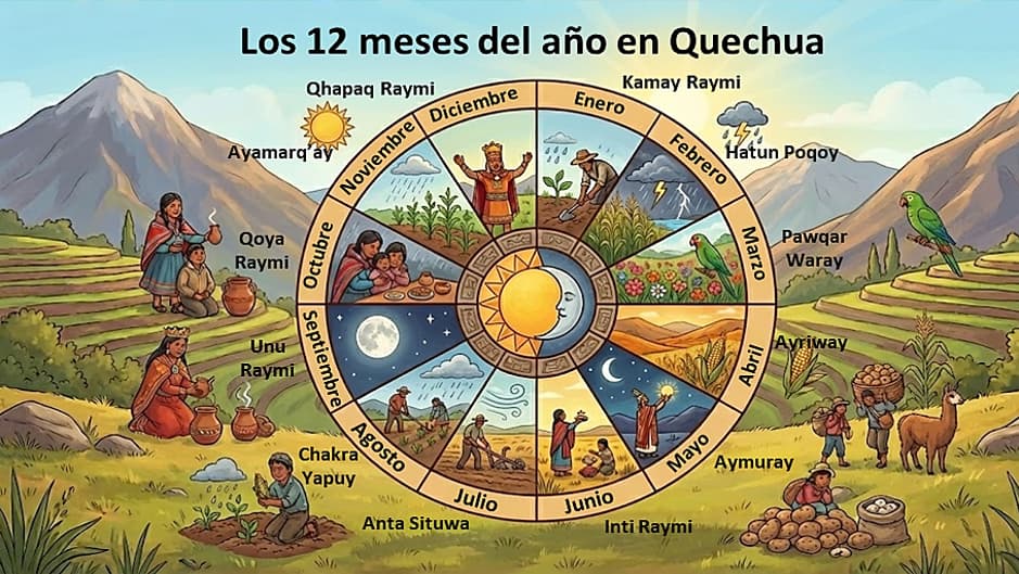 Ilustración circular del calendario agrícola andino mostrando las actividades de los 12 meses del año en quechua, con el sol y la luna en el centro, sobre un paisaje de montañas y terrazas de cultivo incas.