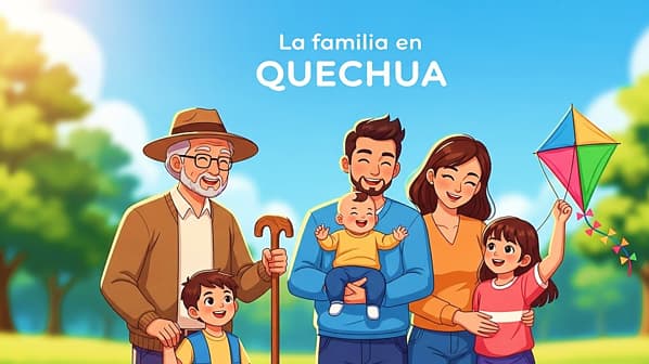 Ilustración de una familia feliz y unida que incluye abuelo, padres, hijos y un bebé, con el texto "La familia en Quechua" en la parte superior.